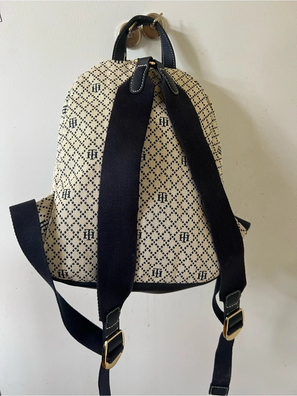 Tommy Hilfiger Jaden Cream & Navy Monogram  Backpack with Gold Hardware